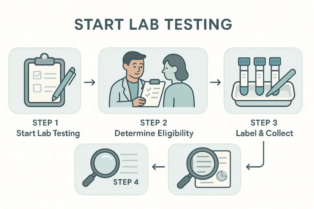 Lab testing process infographic for testosterone therapy, featuring steps: start lab testing, determine eligibility, label and collect samples, and review results.