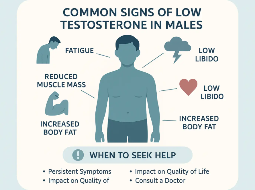 Common signs of low testosterone in males including fatigue, reduced muscle mass, low libido, and increased body fat, with a prompt to seek help for persistent symptoms impacting quality of life.