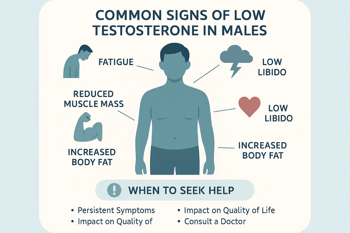 Infographic illustrating common signs of low testosterone in males, featuring a silhouette of a man with labels for fatigue, low libido, reduced muscle mass, and increased body fat, emphasizing the importance of seeking medical help for persistent symptoms.