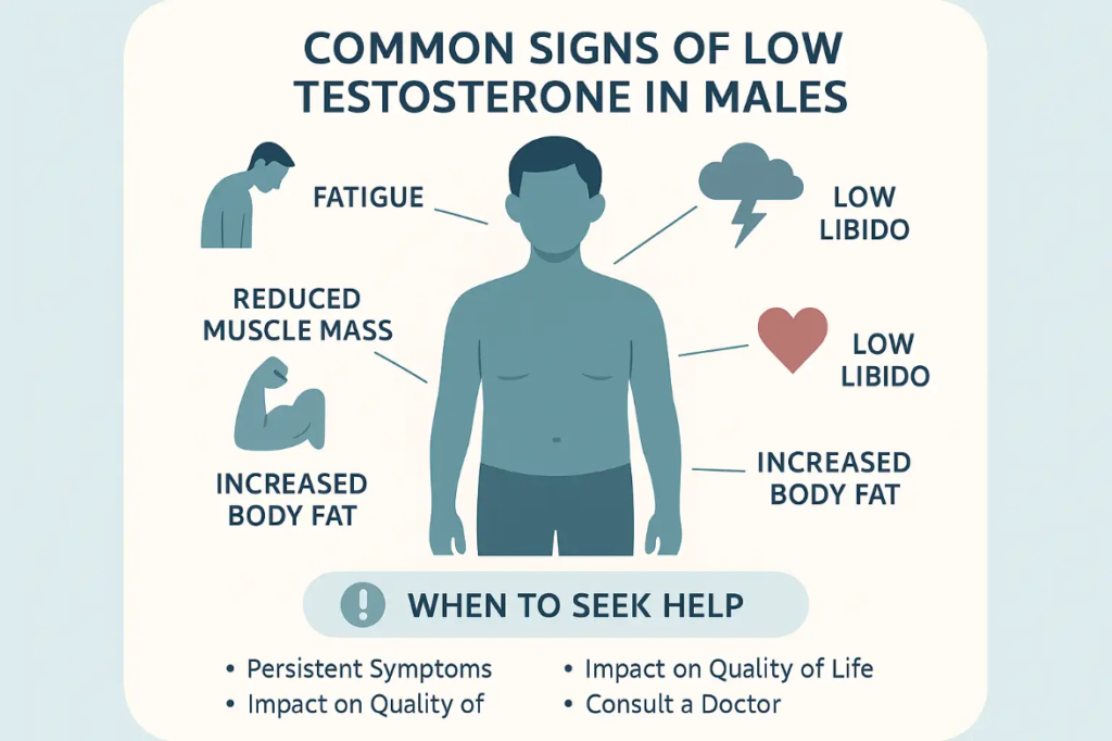 Infographic illustrating common signs of low testosterone in males, featuring icons for fatigue, reduced muscle mass, increased body fat, and low libido, alongside a prompt for seeking help regarding persistent symptoms and quality of life.
