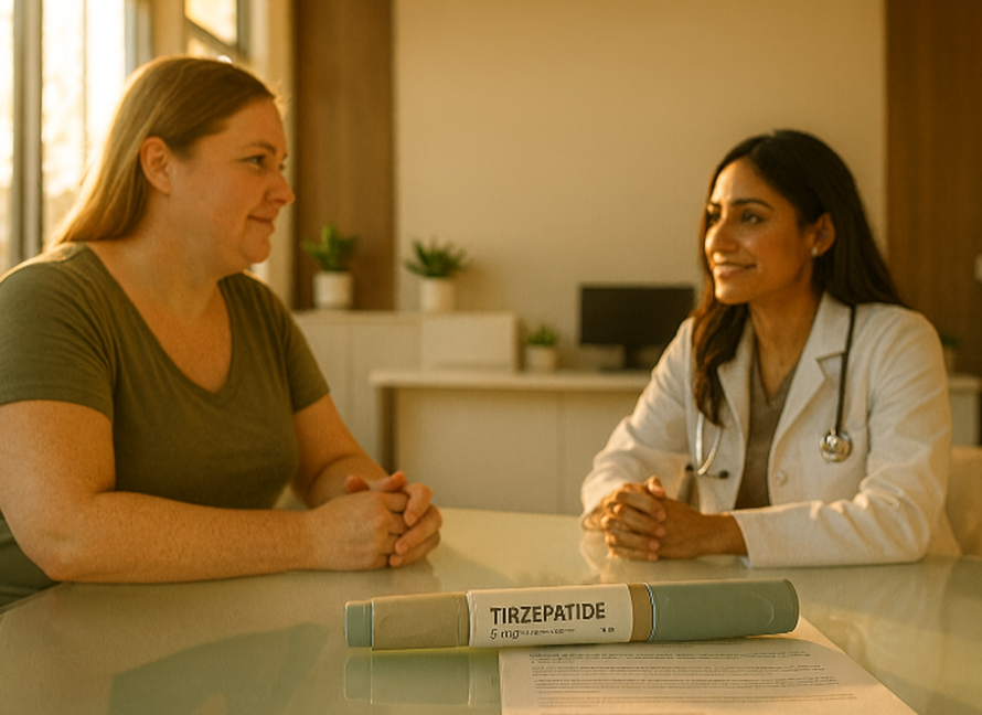 Woman consulting with a healthcare professional about Tirzepatide weight loss treatment, with a Tirzepatide pen displayed on the table in a modern clinic setting.