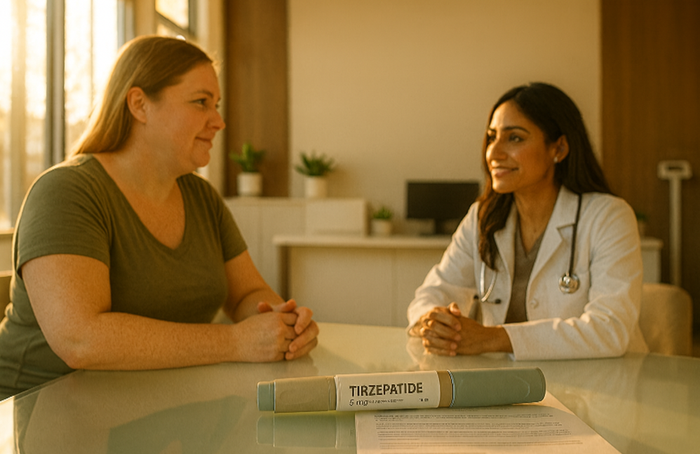 Woman consulting with a physician about Tirzepatide weight management in a bright, welcoming clinic setting.