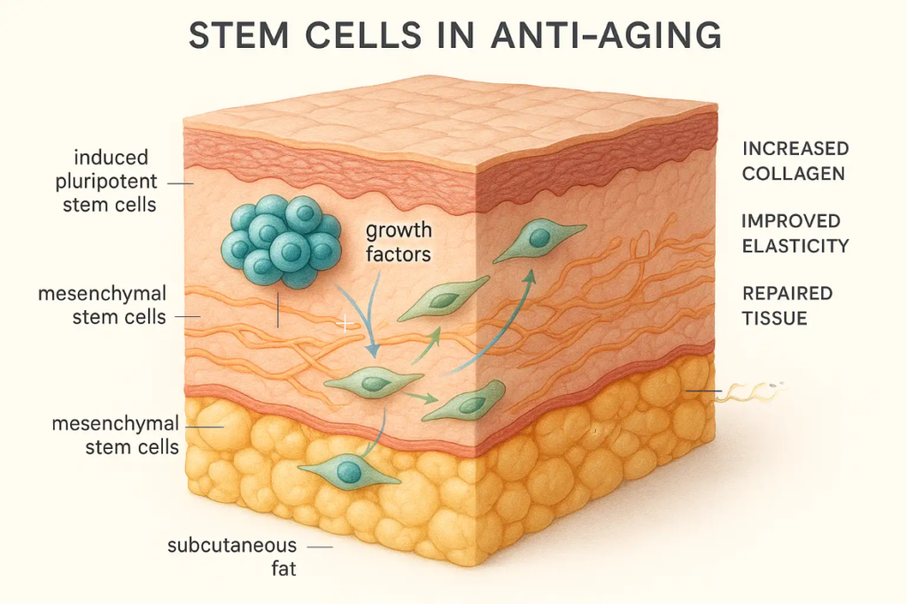 Stem cell therapy illustration showing induced pluripotent stem cells and mesenchymal stem cells in skin layers, depicting growth factors and benefits like increased collagen, improved elasticity, and repaired tissue for anti-aging.