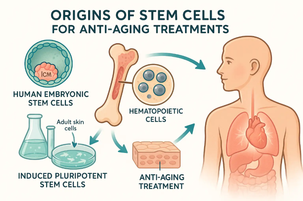 Origins of stem cells for anti-aging treatments, including human embryonic stem cells, induced pluripotent stem cells, hematopoietic cells, and adult skin cells, with a diagram illustrating their role in regenerative therapies.
