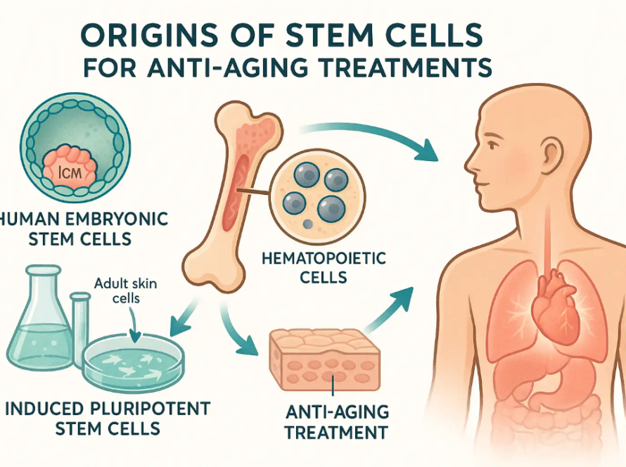 Origins of stem cells for anti-aging treatments, illustrating human embryonic stem cells, adult skin cells, hematopoietic cells, and induced pluripotent stem cells leading to anti-aging therapies.