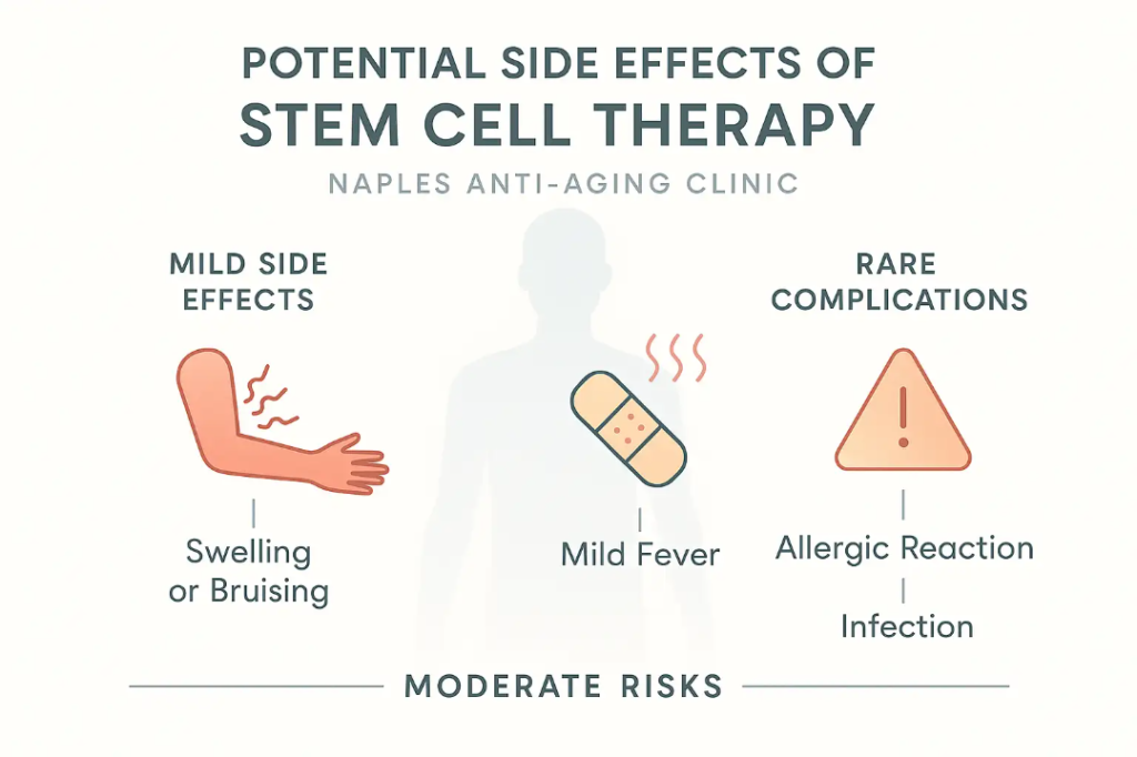 Potential side effects of stem cell therapy infographic featuring mild side effects like swelling or bruising, and rare complications such as allergic reactions or infections, from Naples Anti-Aging Clinic.
