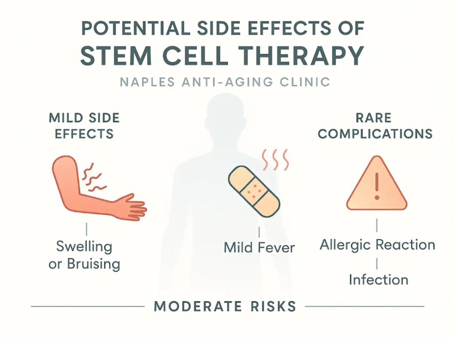Potential side effects of stem cell therapy infographic, highlighting mild side effects like swelling or bruising, moderate risks including mild fever, and rare complications such as allergic reactions and infections, from Naples Anti-Aging Clinic.