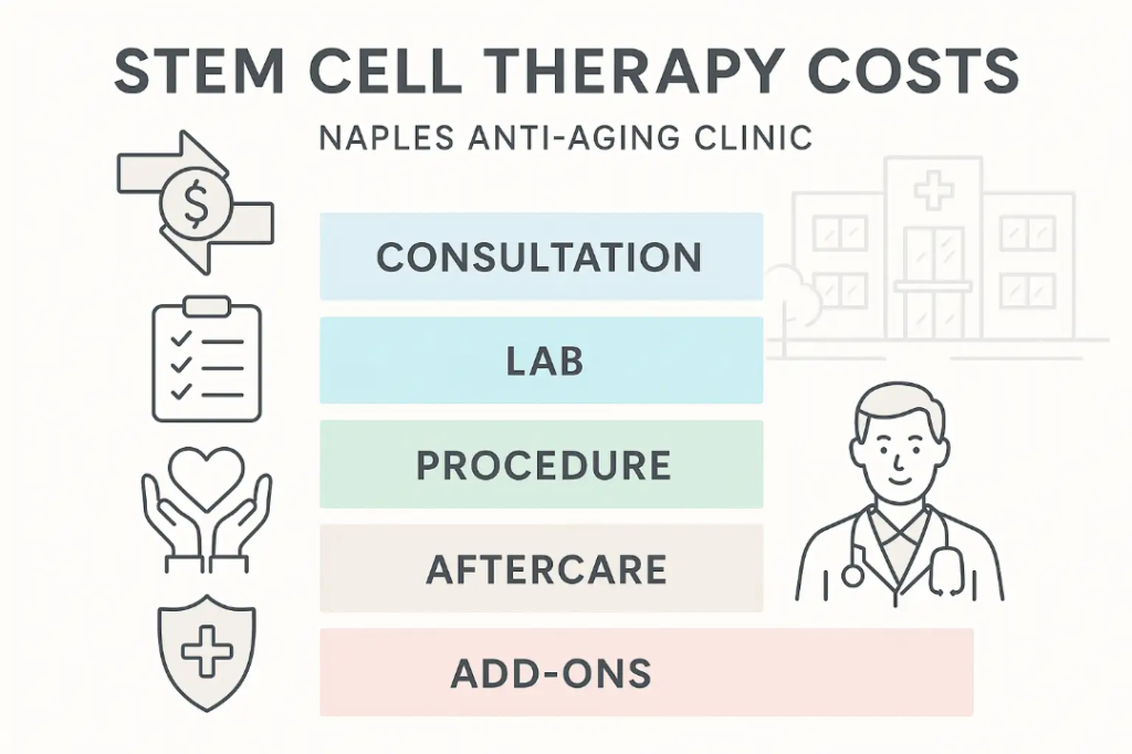 Stem cell therapy cost components infographic featuring consultation, lab, procedure, aftercare, and add-ons, with Naples Anti-Aging Clinic branding and medical illustrations.
