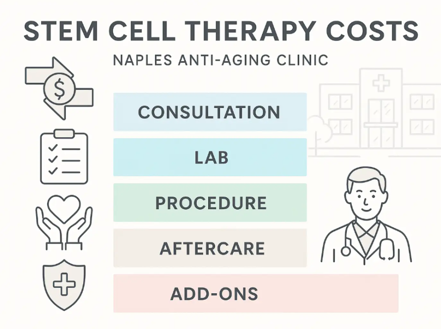 Stem cell therapy cost breakdown graphic for Naples Anti-Aging Clinic, highlighting consultation, lab, procedure, aftercare, and add-ons with icons representing each service.