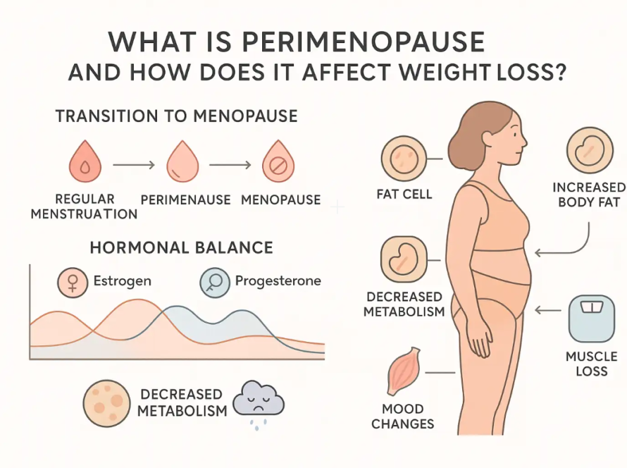 Infographic illustrating perimenopause effects on weight loss, featuring hormonal balance, increased body fat, decreased metabolism, and mood changes.