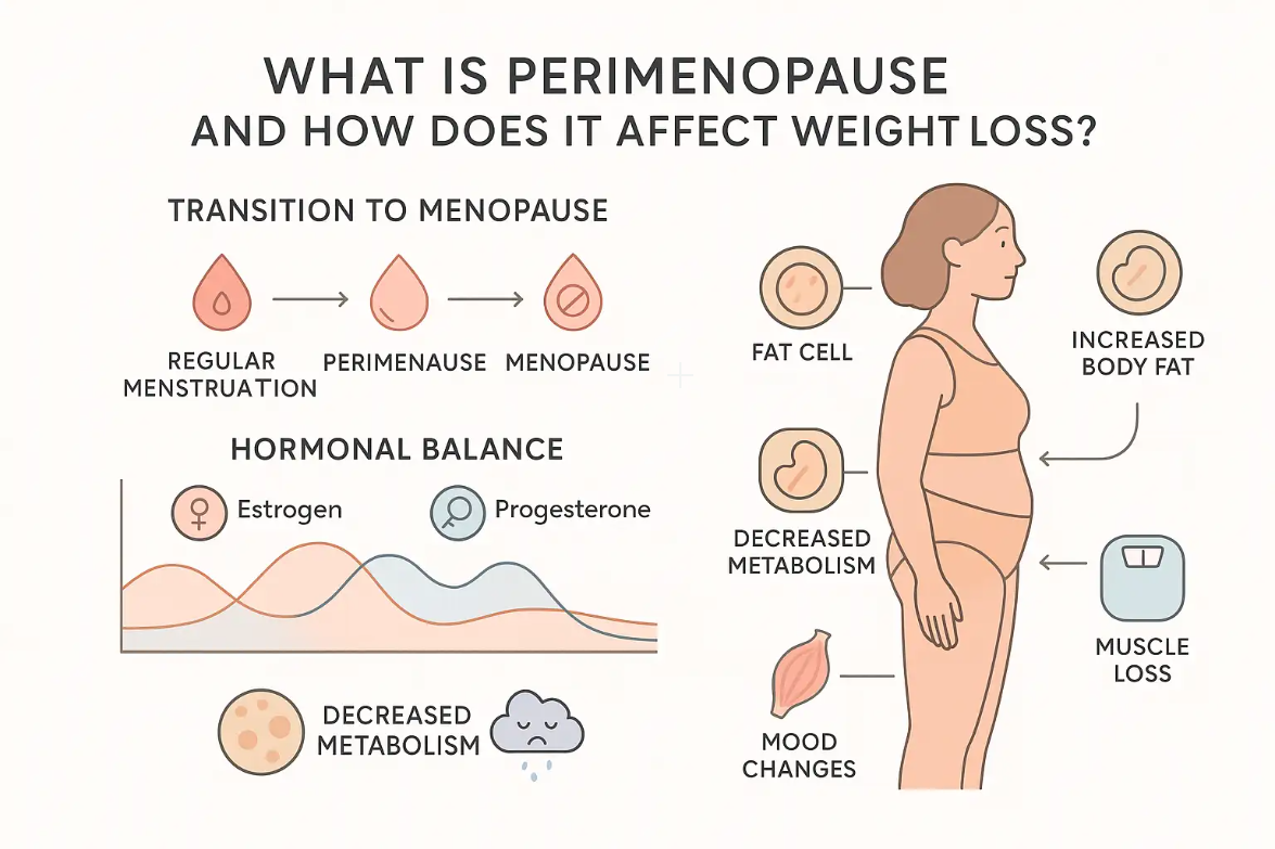 Illustration explaining perimenopause and its effects on weight loss, highlighting hormonal balance, increased body fat, decreased metabolism, and mood changes.