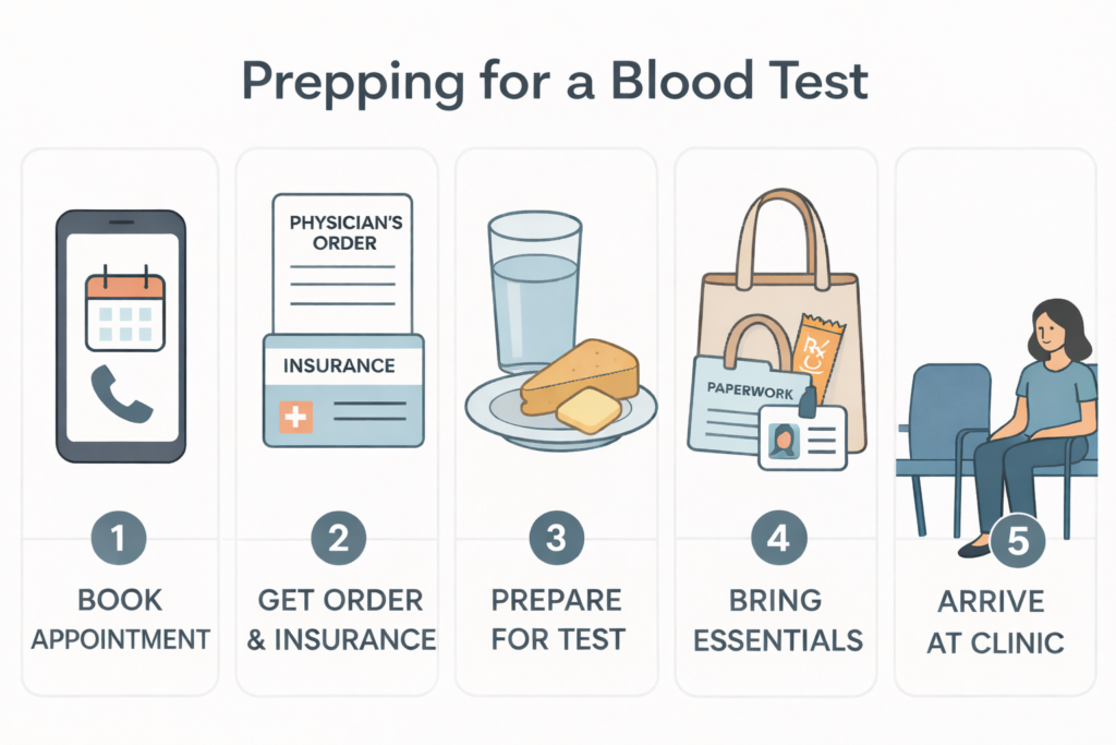 Illustration depicting the steps for preparing for a blood test, including booking an appointment, obtaining physician's order and insurance, preparing for the test with food and water, bringing essential paperwork, and arriving at the clinic.