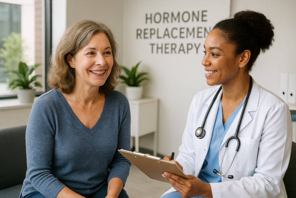 Smiling woman over 40 consulting with a healthcare provider in a modern clinic, highlighting personalized hormone replacement therapy and supportive patient care.