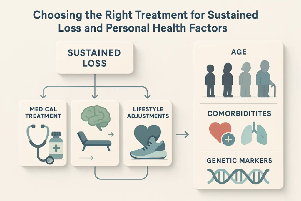 Flowchart illustrating treatment options for sustained weight loss, featuring medical treatment and lifestyle adjustments, with considerations for age, comorbidities, and genetic markers.