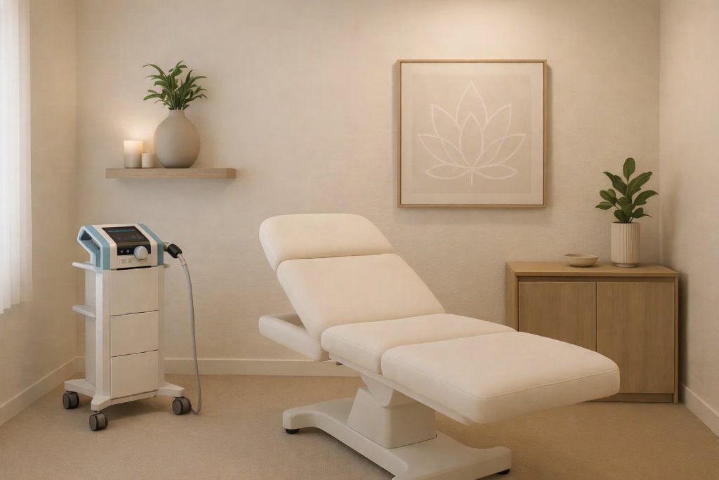 Treatment room at Naples Anti Aging Clinic featuring a Shockwave therapy machine, a comfortable treatment chair, and calming decor, emphasizing a non-invasive approach to erectile dysfunction.