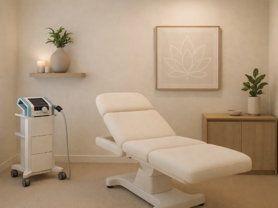 Medical treatment room featuring an adjustable examination table, shockwave therapy device, and calming decor, relevant to erectile dysfunction treatment at Anti Aging Clinic Naples.