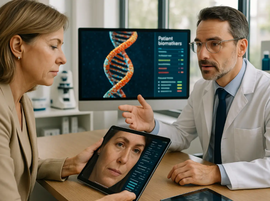 Doctor consulting with a female patient, discussing biomarker data on a tablet, with a DNA graphic displayed on a screen in a medical office setting.