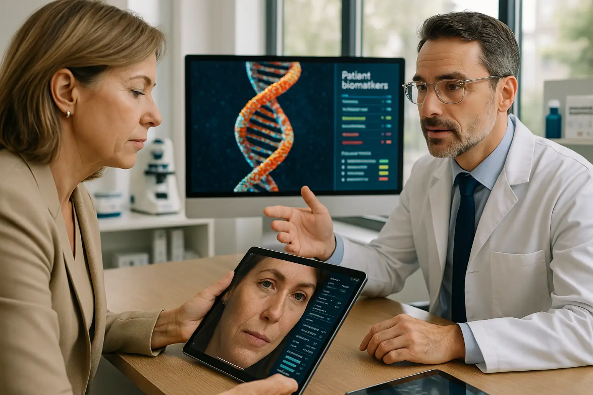 Doctor consulting with a female patient, discussing patient biomarkers displayed on a computer screen, using a tablet to show facial analysis, in a clinical setting focused on regenerative medicine and anti-aging therapies.