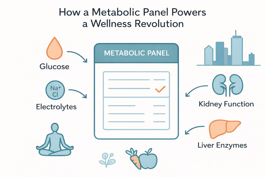 Metabolic panel infographic illustrating glucose, electrolytes, kidney function, and liver enzymes, emphasizing integrative health and wellness insights.