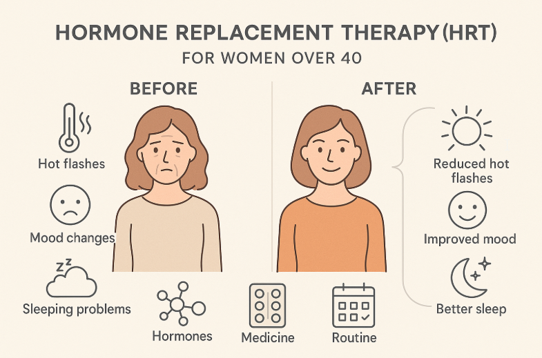 Hormone Replacement Therapy (HRT) benefits for women over 40, showing before and after effects: before with hot flashes, mood changes, and sleeping problems; after with reduced hot flashes, improved mood, and better sleep.