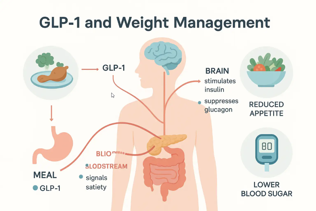 GLP-1 and weight management infographic illustrating the connection between meals, appetite reduction, and lower blood sugar, highlighting the role of GLP-1 in stimulating insulin and suppressing glucagon.
