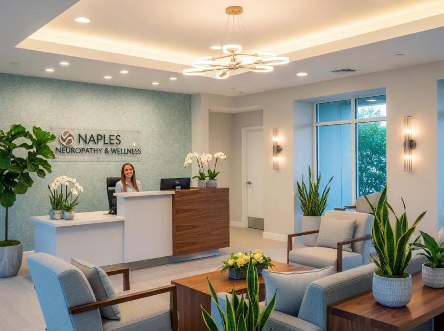 Welcoming reception area of a clinic in Naples, FL, emphasizing healing and care for neuropathy treatment